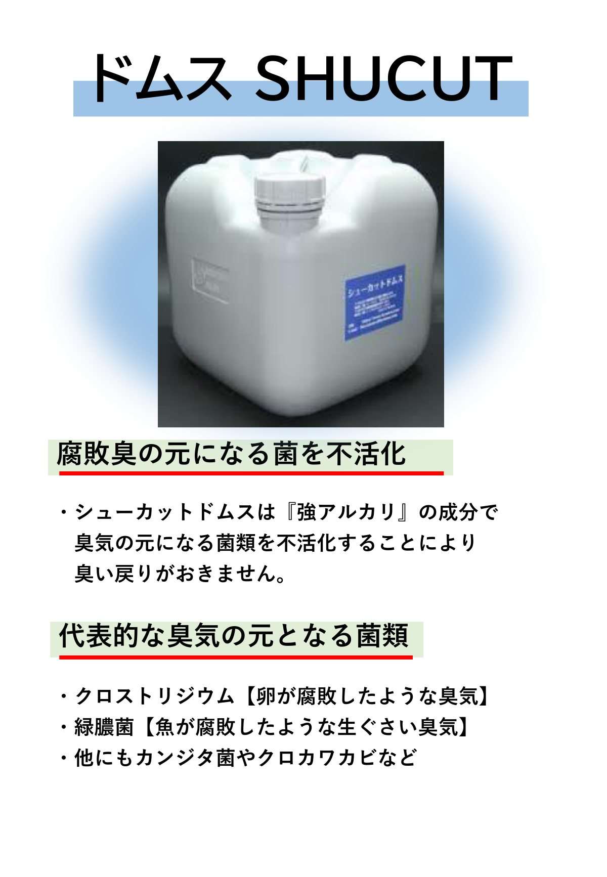 業務用消臭剤「ドムス SHUCUT」の資料。強アルカリの成分で臭気の元になる菌類を不活化することが説明されている