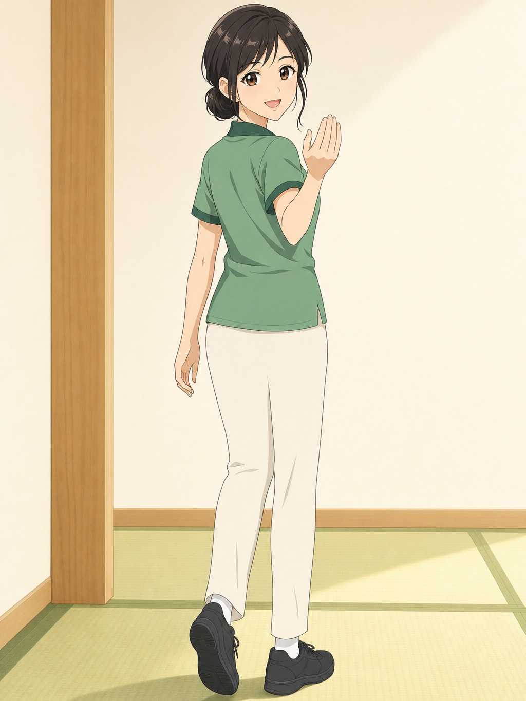 和室で手を上げて、こちらへどうぞと案内するご案内スタッフのイラスト