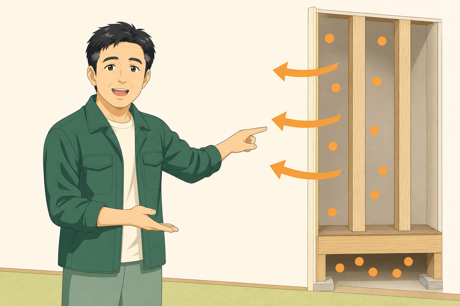 壁の断面を指差して説明する作業スタッフのイラスト。壁の内側と床下にオレンジの点が散り、部屋の中から内側へ向かう矢印が描かれている
