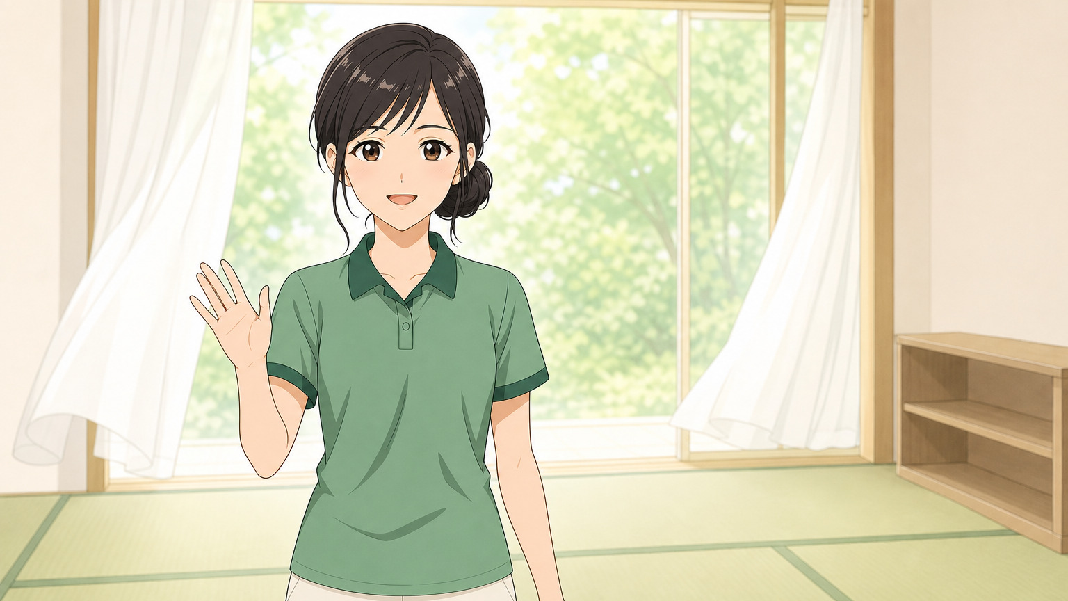片付いた明るい和室の窓辺で、こちらに手を上げてほほえむご案内スタッフのイラスト