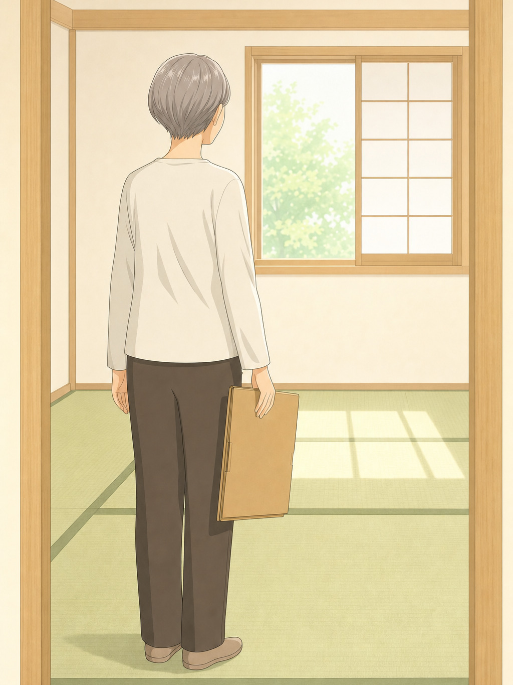 段ボールを抱えて和室の入口に立ち、部屋を見渡している方の後ろ姿のイラスト