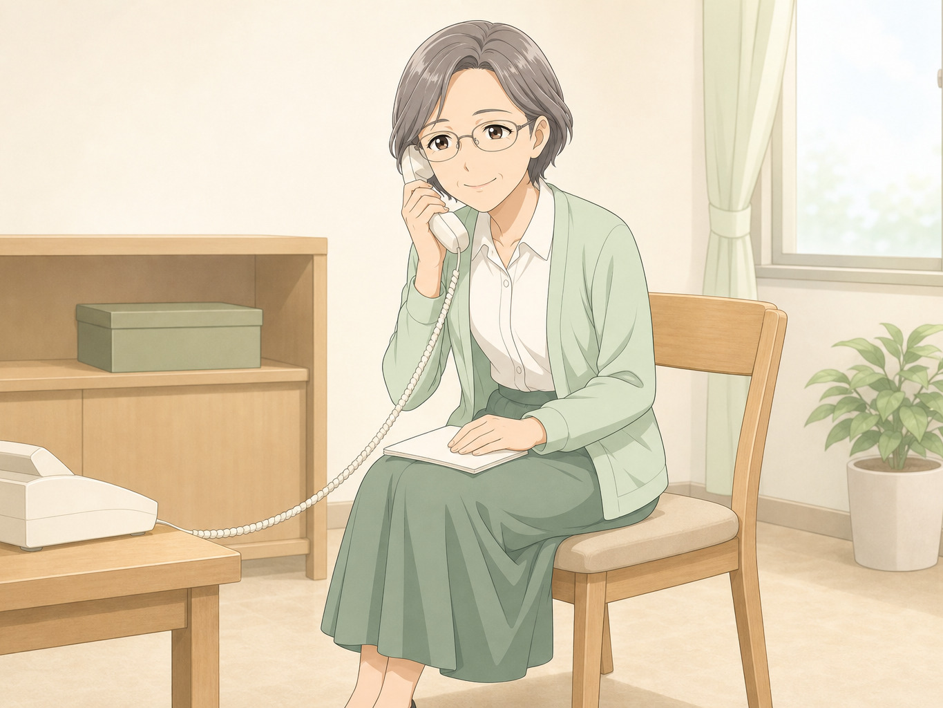 窓辺の椅子に座り、受話器を持って穏やかに話を聞いているご相談窓口の担当のイラスト