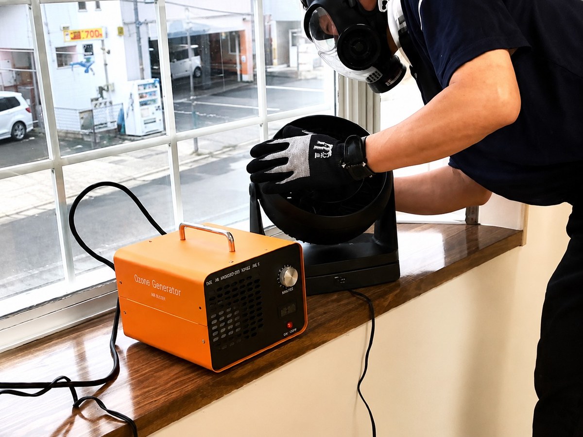 専用の消臭機材を操作する作業員