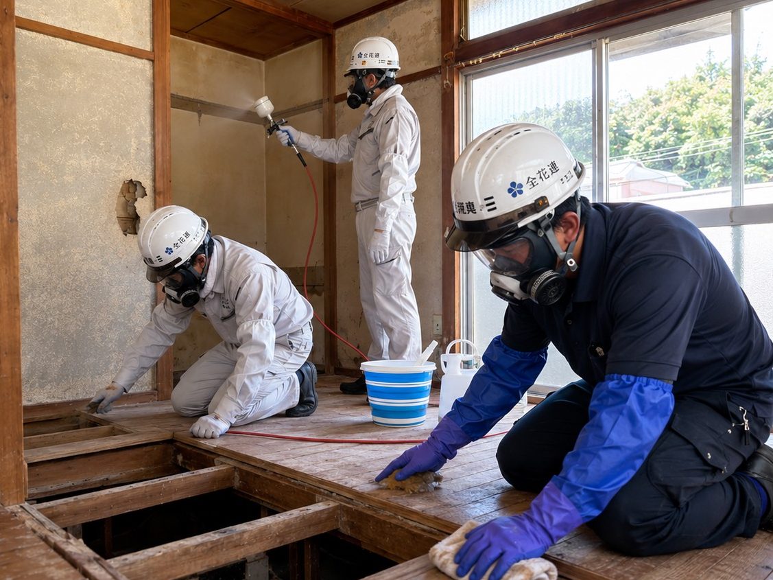 床まで確認して施工する認定消臭士3名